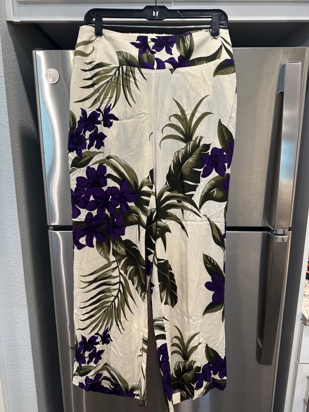 Wide Leg Tropical Floral Pants in Ivory and Purple